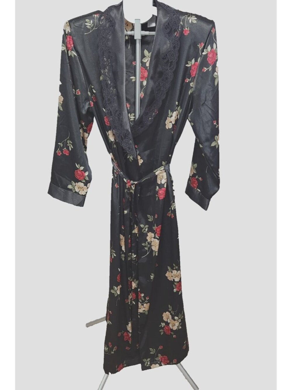 Adonna Floral Satin Long Robe Lace Trim Belted Womens Size Medium Grandma Chic